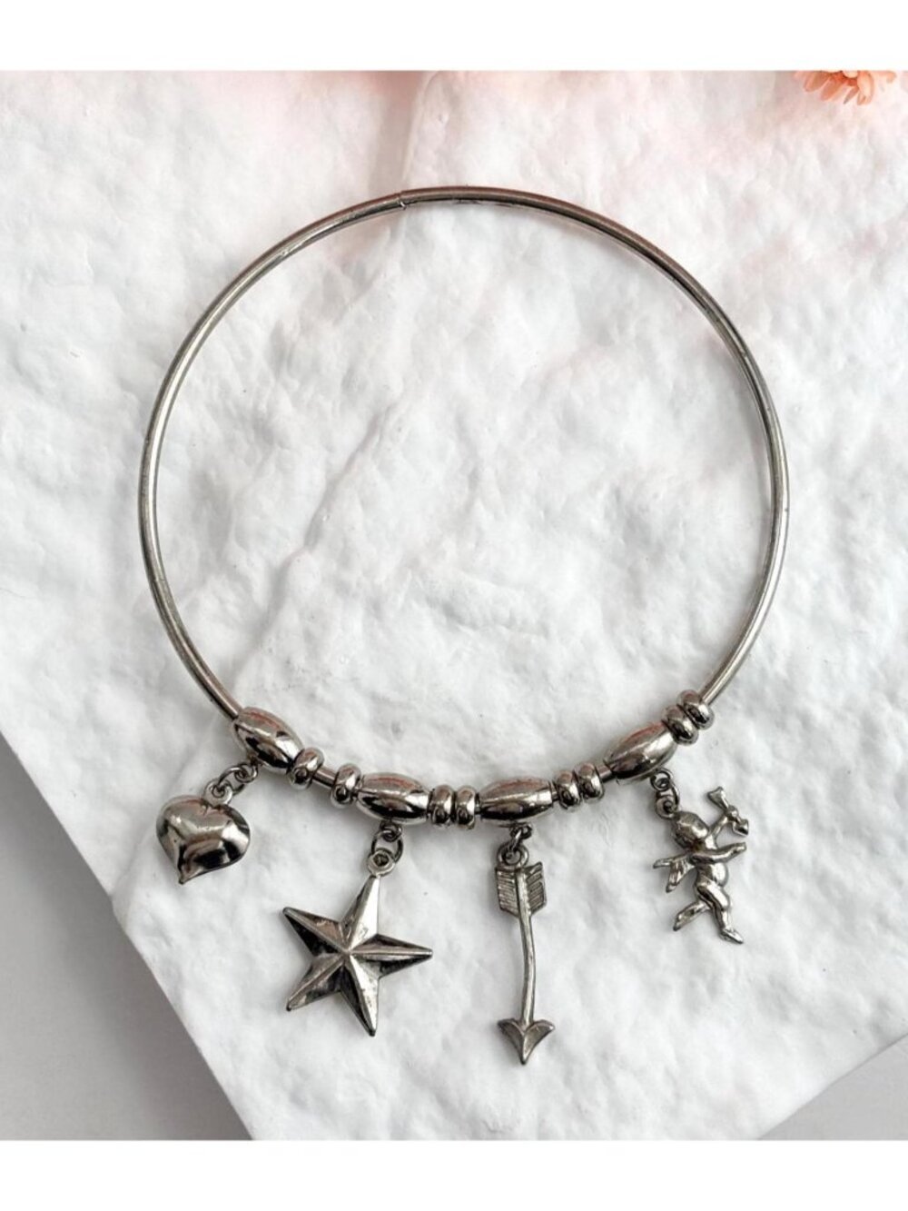 Silver Toned Multi Charmed Vintage 80's Style Bangle Bracelet